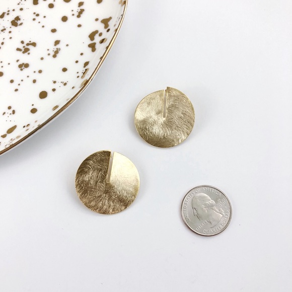 Brushed Gold Split Disk Stud Earrings NEW - Picture 5 of 5